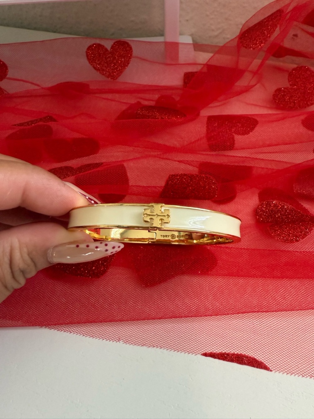 Tory Burch Cream Enamel Gold-Tone Logo Hinge Bangle